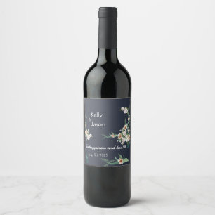Retro Elegant vit Blomma Ram Navy Bakgrund Vinflaska Etikett