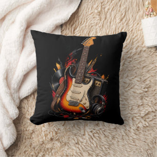 Retro elgitarr och förstärkare rockmusik svart kas kudde