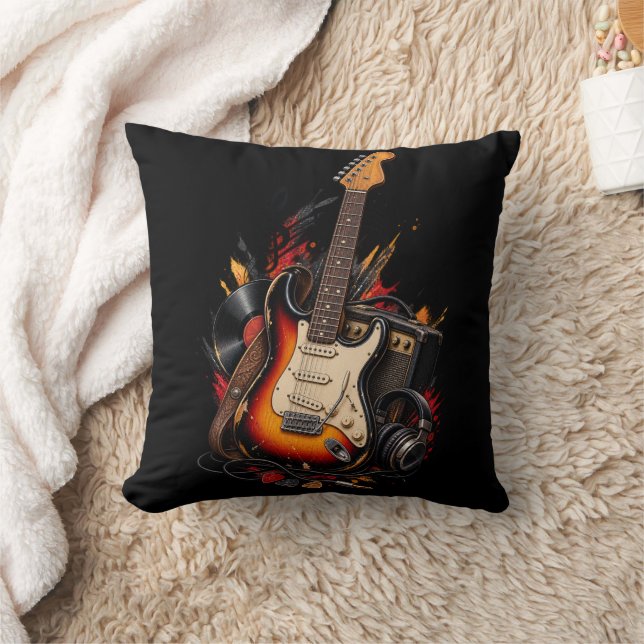 Retro elgitarr och förstärkare rockmusik svart kas kudde (Filt)