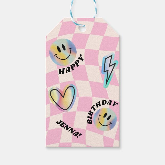 Retro Emoji Smile Birthday for Girls Presentetikett (Framsidan)