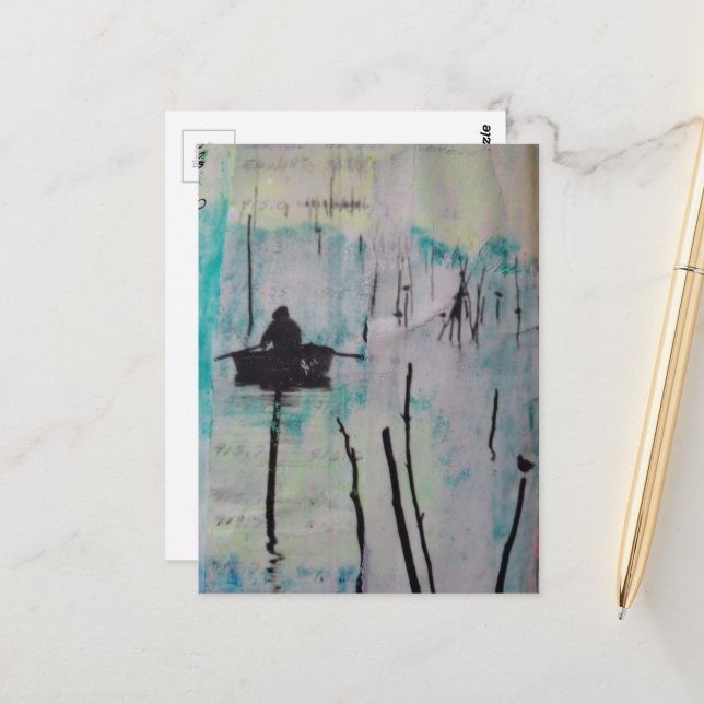 Retro En båt och en fågel Svart Vitt Blå Vykort (Fram/Back In Situ)