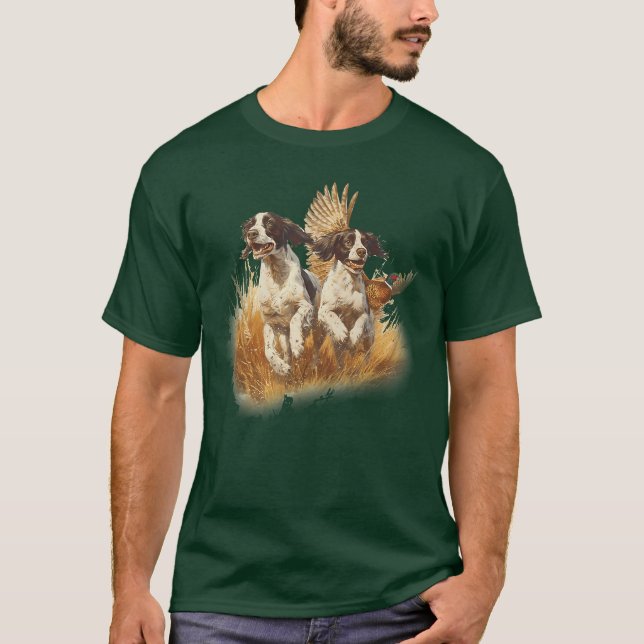 Retro engelsk springer spaniel jakt hund fasan t shirt (Framsida)