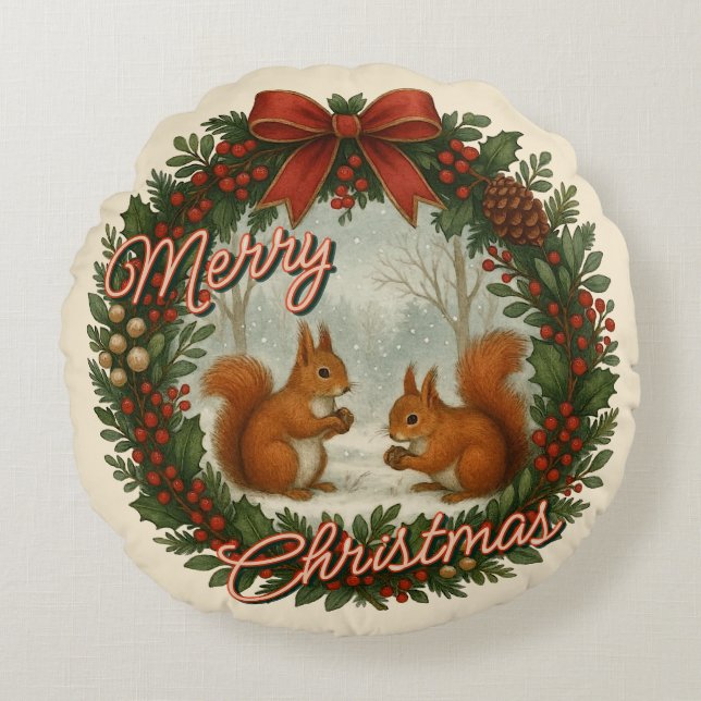 Retro English Helgdag WAN with Cute Squirreles Rund Kudde (Framsidan)
