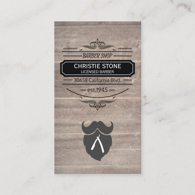 Retro-etiketten Barber Blade och Beard Wood Panel Visitkort (Framsida)
