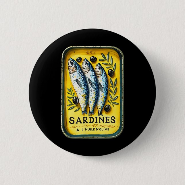 Retro europeisk gul sommar sardinfiskburk  knapp (Framsida)