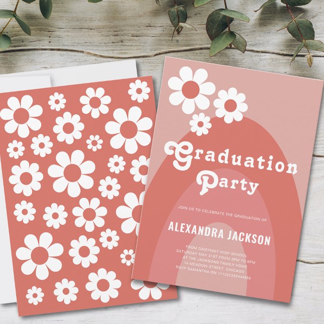 Retro examensfest enkel Daisy-inbjudan Inbjudningar (Retro vintage daisy arch graduation party invitation peach orange terracotta earthy tones)