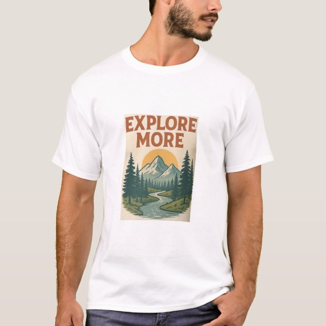 Retro "Explore More" Mountain Äventyr T-Shirt (Framsida)