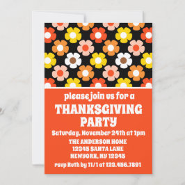 Retro Fall Autumn Flowers Black Thanksgiving Party Inbjudningar