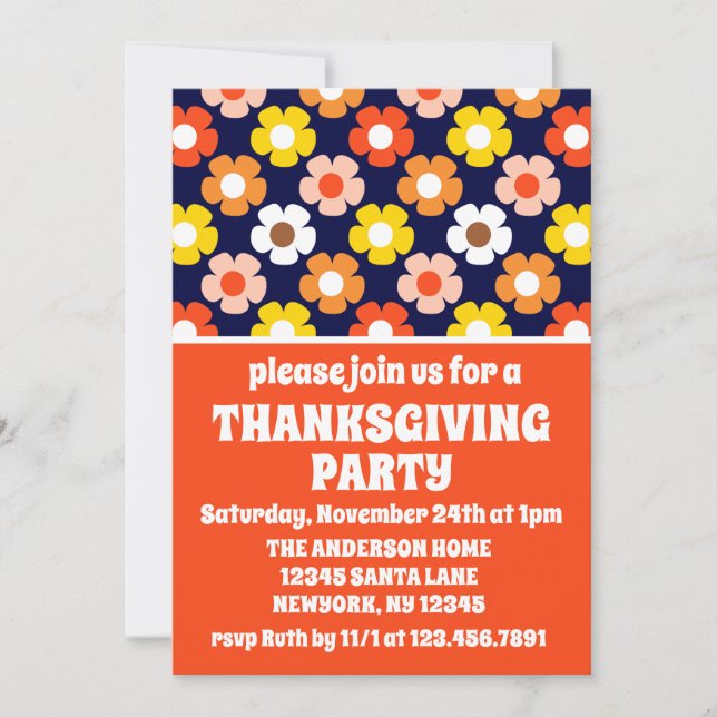 Retro Fall Autumn Flowers Blue Thanksgiving Party Inbjudningar (Framsida)