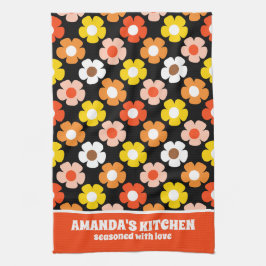 Retro Fall Autumn Flowers Mönster Black Kökshandduk