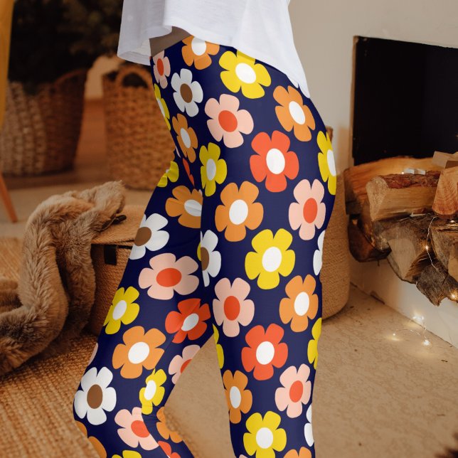 Retro Fall Autumn Flowers Mönster Blue Leggings (Skapare uppladdad)