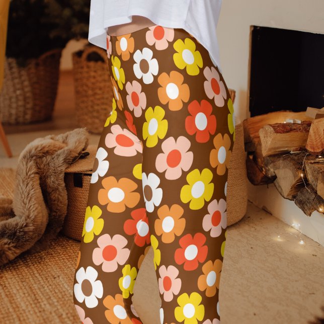 Retro Fall Autumn Flowers Mönster Brown Leggings (Skapare uppladdad)
