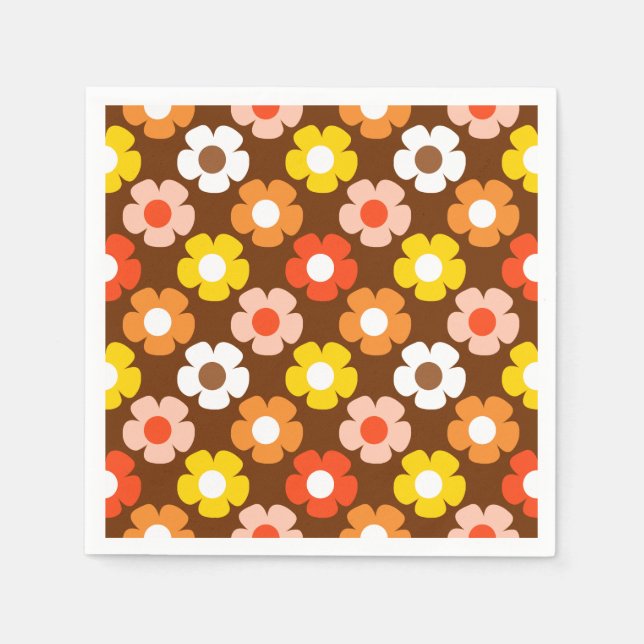 Retro Fall Autumn Flowers Mönster Brown Pappersservett (Framsidan)