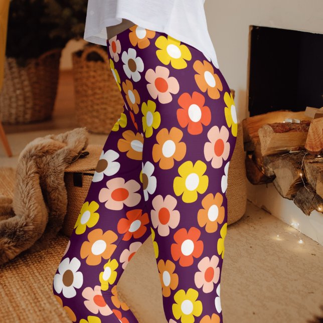 Retro Fall Autumn Flowers Mönster Lila Leggings (Skapare uppladdad)