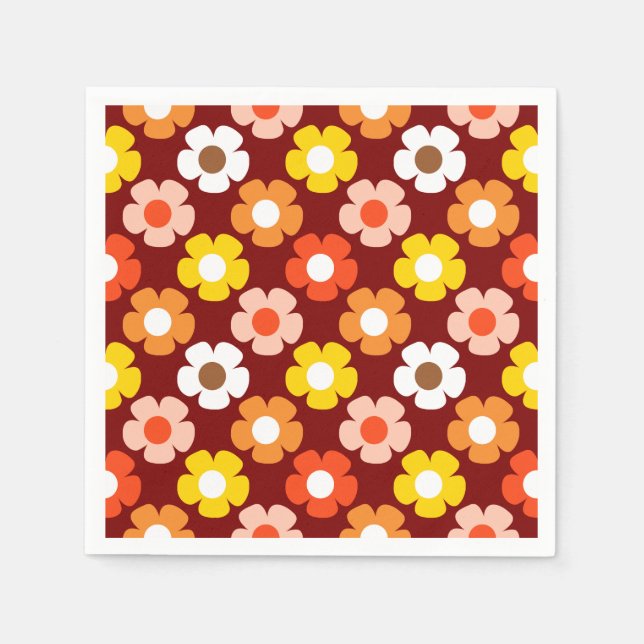 Retro Fall Autumn Flowers Mönster Red Pappersservett (Framsidan)