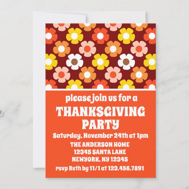 Retro Fall Autumn Flowers Red Thanksgiving Party Inbjudningar (Framsida)