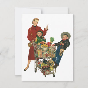 Retro familj, mamma och barn mataffärsvagn inbjudningar