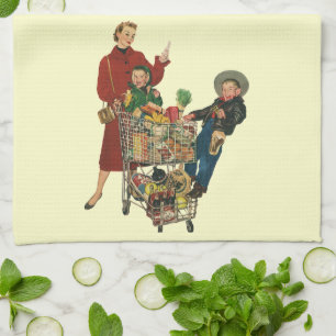 Retro familj, mamma och barn mataffärsvagn kökshandduk