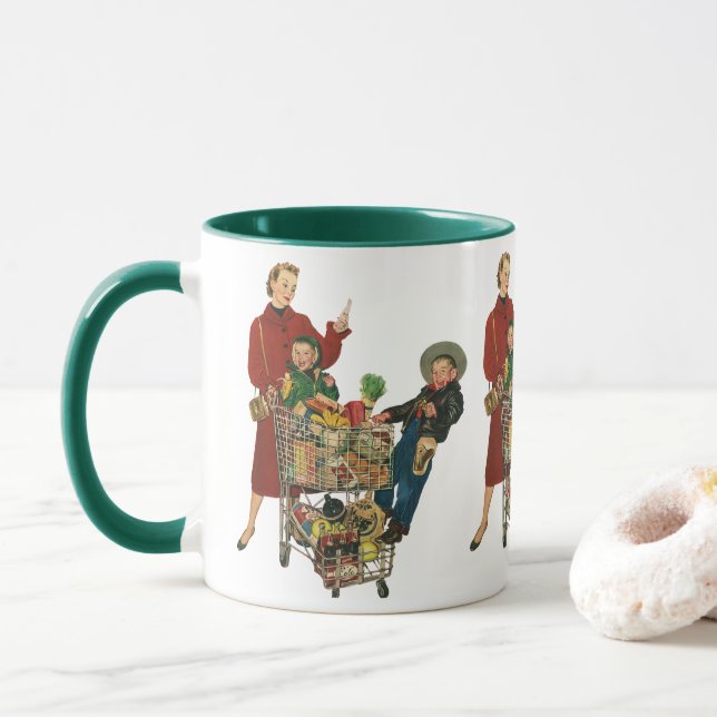 Retro familj, mamma och barn mataffärsvagn mugg (Med munk)
