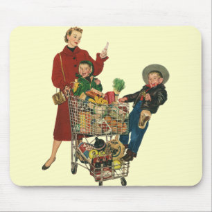 Retro familj, mamma och barn mataffärsvagn musmatta