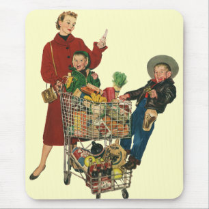 Retro familj, mamma och barn mataffärsvagn musmatta