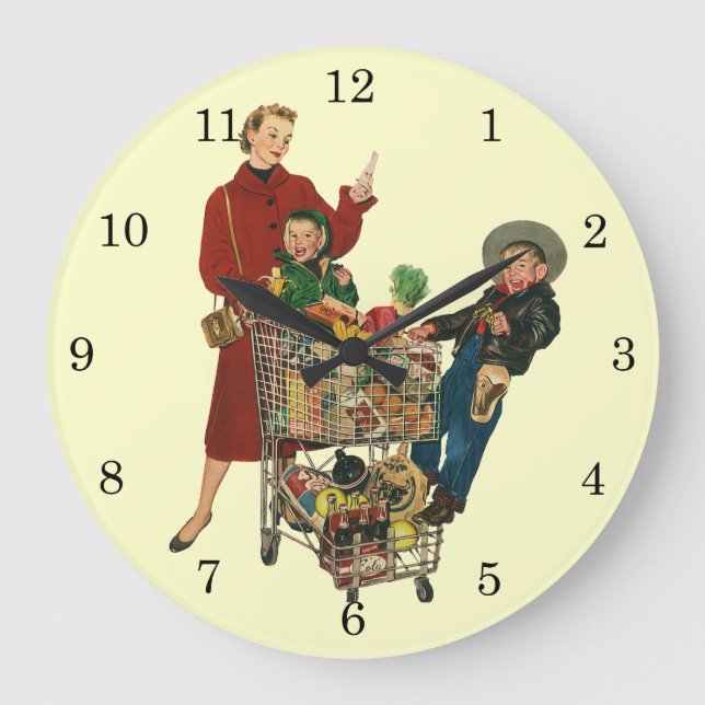 Retro familj, mamma och barn mataffärsvagn stor klocka (Framsida)