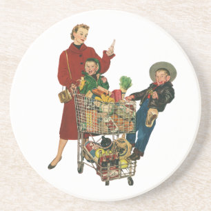Retro familj, mamma och barn mataffärsvagn underlägg