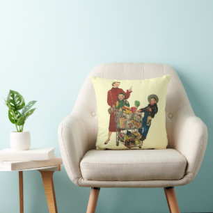 Retro Familj, Mamma och Barn Matvarukorg Kudde