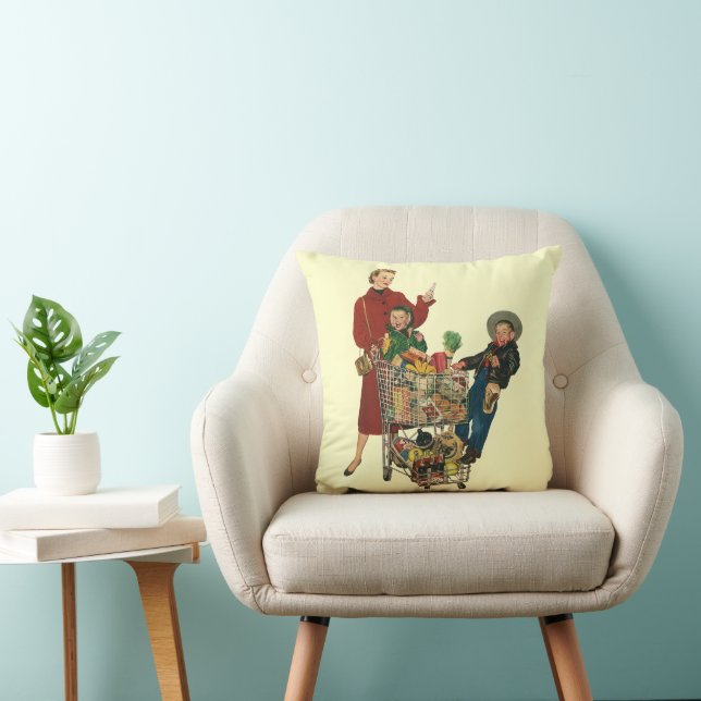 Retro Familj, Mamma och Barn Matvarukorg Kudde (Stol)