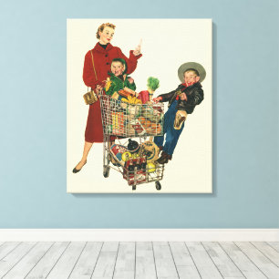 Retro Familj, Mamma och Barns Matvarukorg Canvastryck