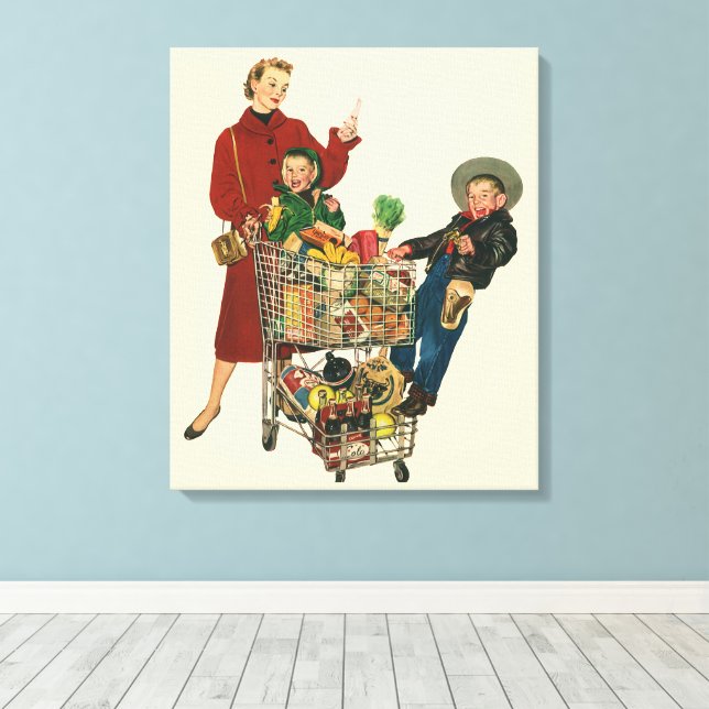 Retro Familj, Mamma och Barns Matvarukorg Canvastryck (Insitu (trägolv))