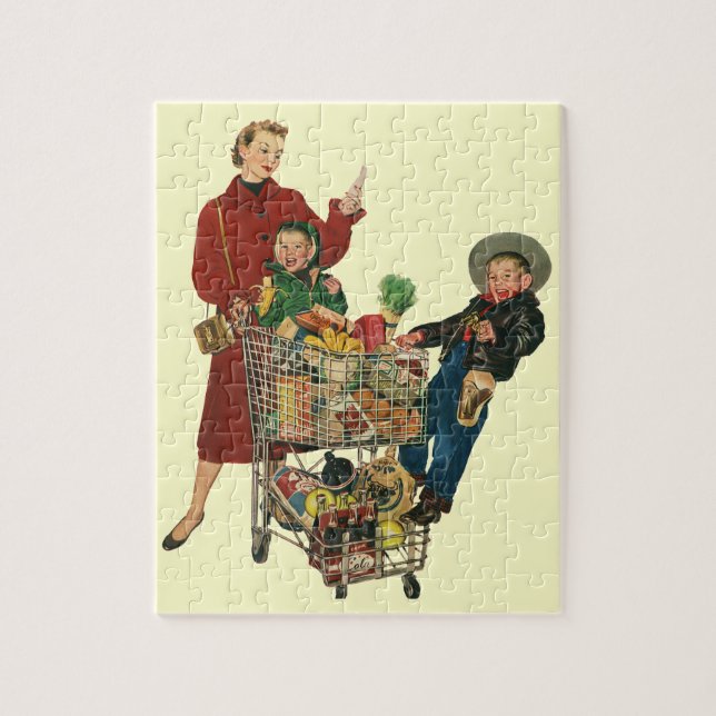 Retro Familj, Mamma och Barns Matvarukorg Pussel (Vertikal)