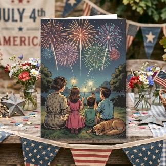 Retro Familj och Hund | Glad amerikansk självständ Kort
