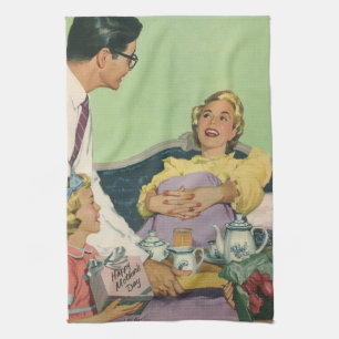 Retro Familj Serverar Mamman Frukost i Sängen Kökshandduk