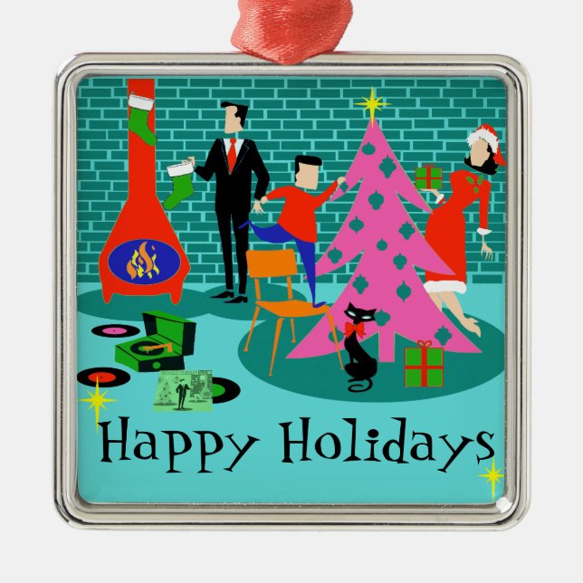 Retro familj som klipper julgranprydnaden julgransprydnad metall (Framsidan)