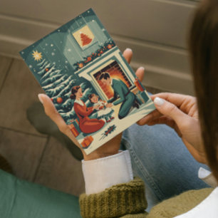 Retro Familjejul vid brasan Julkort