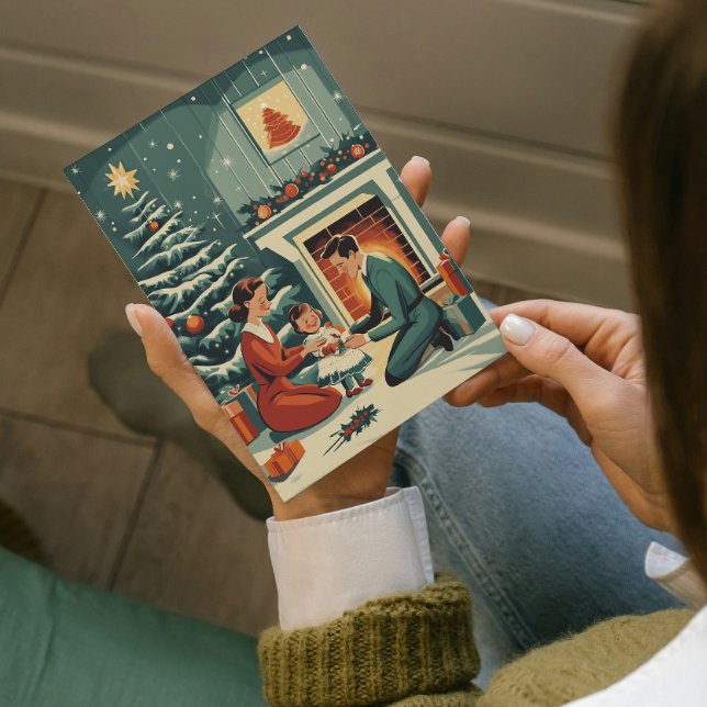 Retro Familjejul vid brasan Julkort (Skapare uppladdad)