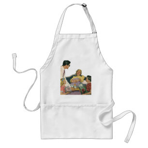 Retro familjen serverar mamma frukost i sängen förkläde