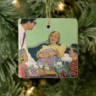 Retro familjen serverar mamma frukost i sängen julgransprydnad keramik