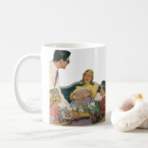 Retro familjen serverar mamma frukost i sängen kaffemugg