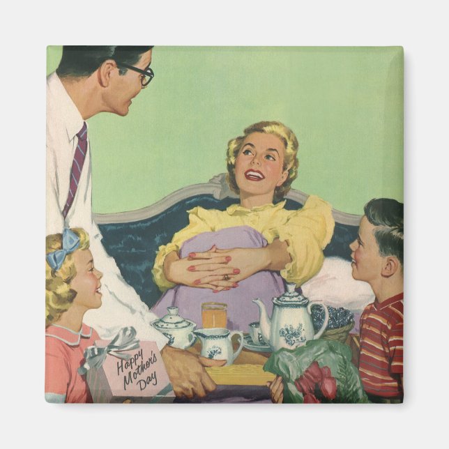 Retro familjen serverar mamma frukost i sängen magnet (Framsidan)
