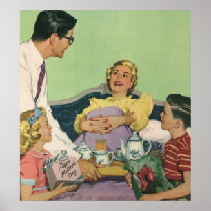 Retro familjen serverar mamma frukost i sängen poster