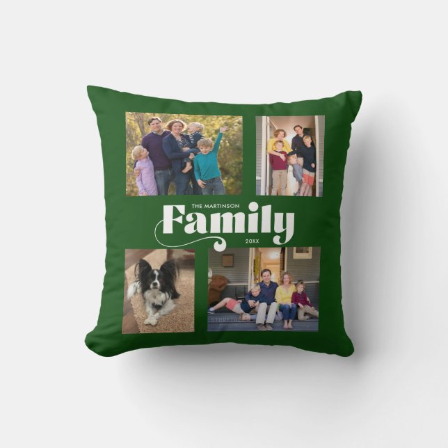 Retro Family 4-fotokollage Mörk grönt Kudde (Framsida)