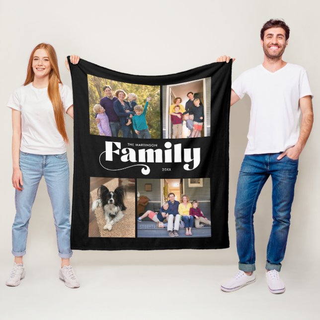 Retro Family 4, svart bakgrund för fotokollage Fleecefilt (På plats)