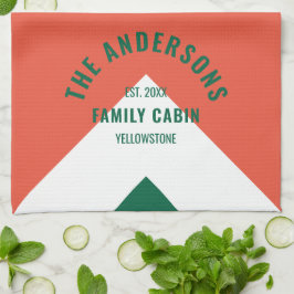 Retro Family Cabin Personlig Namn Red Grönt Kökshandduk