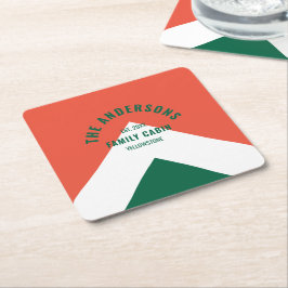 Retro Family Cabin Personlig Namn Red Grönt Underlägg Papper Kvadrat