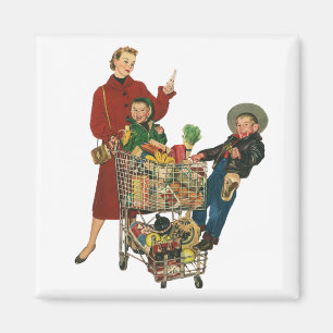Retro Family, Mamma och Kids, Cart Livsmedel Shopp Magnet