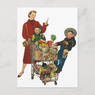 Retro Family, Mamma och Kids, Cart Livsmedel Shopp Vykort