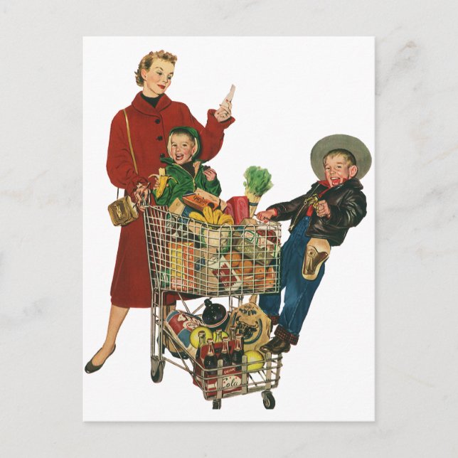 Retro Family, Mamma och Kids, Cart Livsmedel Shopp Vykort (Framsida)