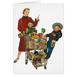 Retro Family, Mamma och Kids Livsmedel Shopping Ca Hälsningskort